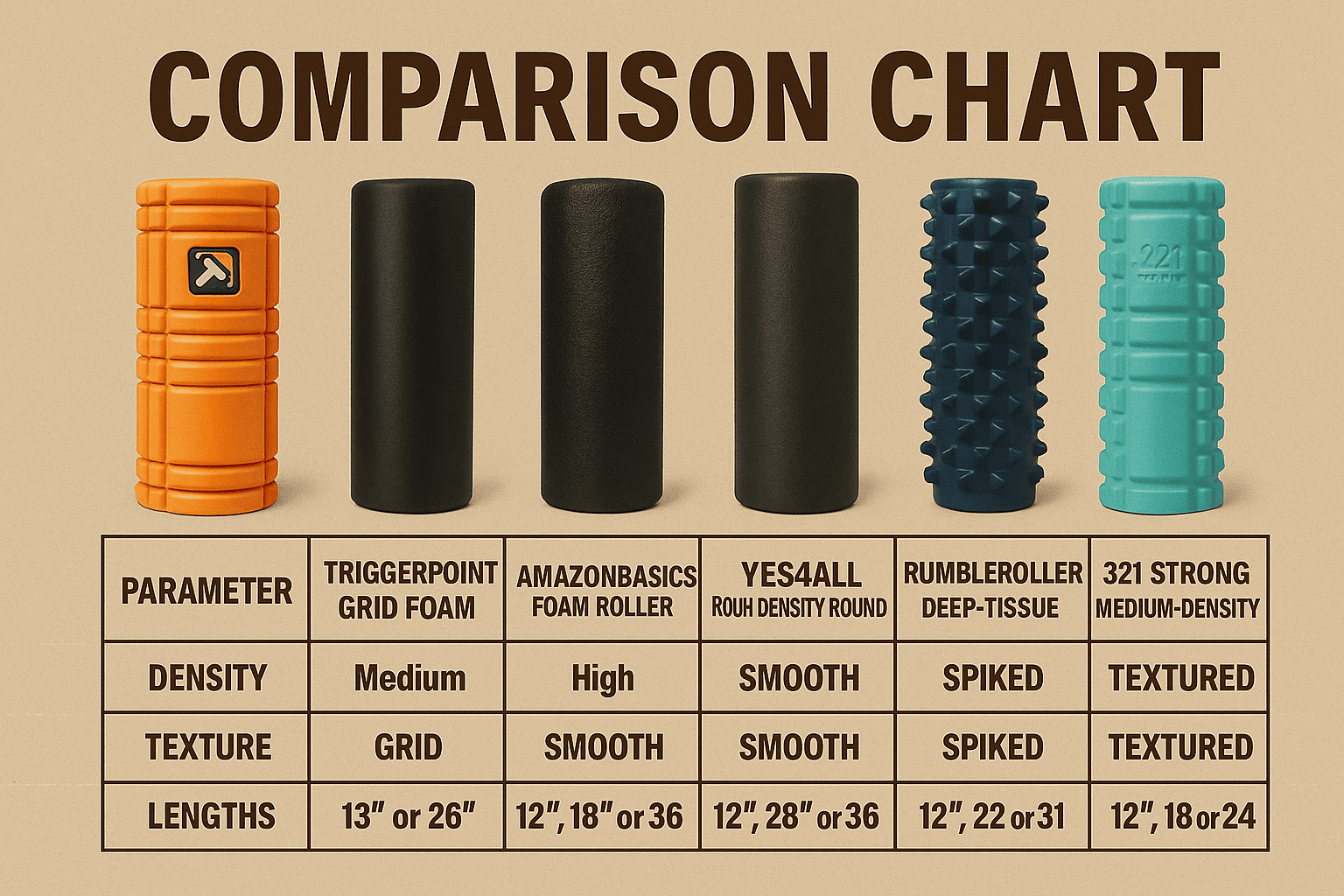 Side-by-side comparison chart of all five foam rollers