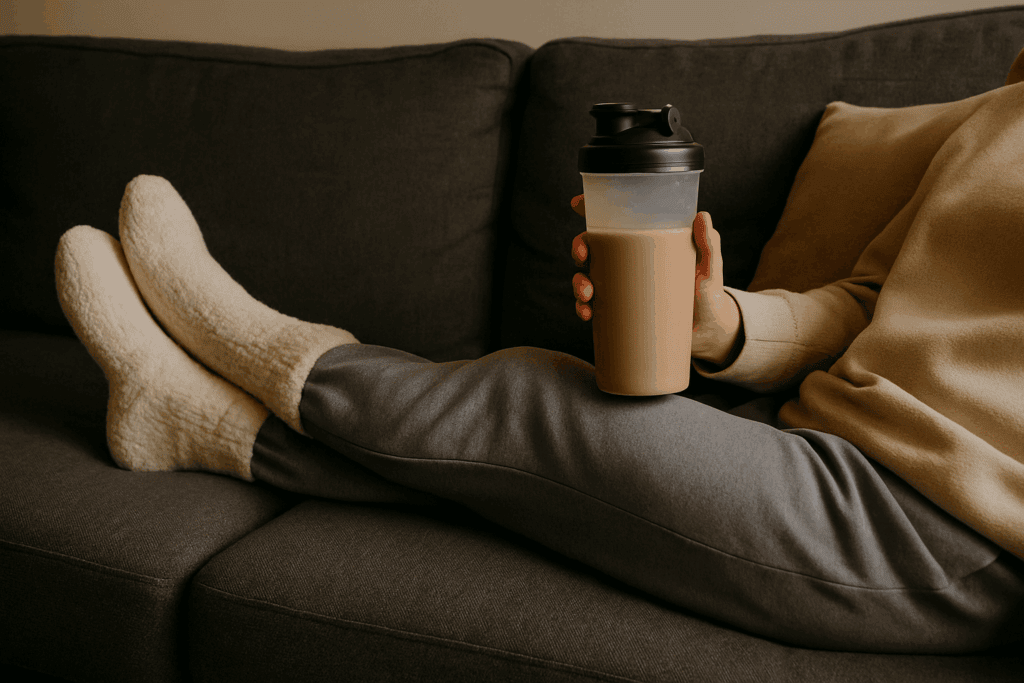 cozy rest photo – think couch + protein shake + fuzzy socks