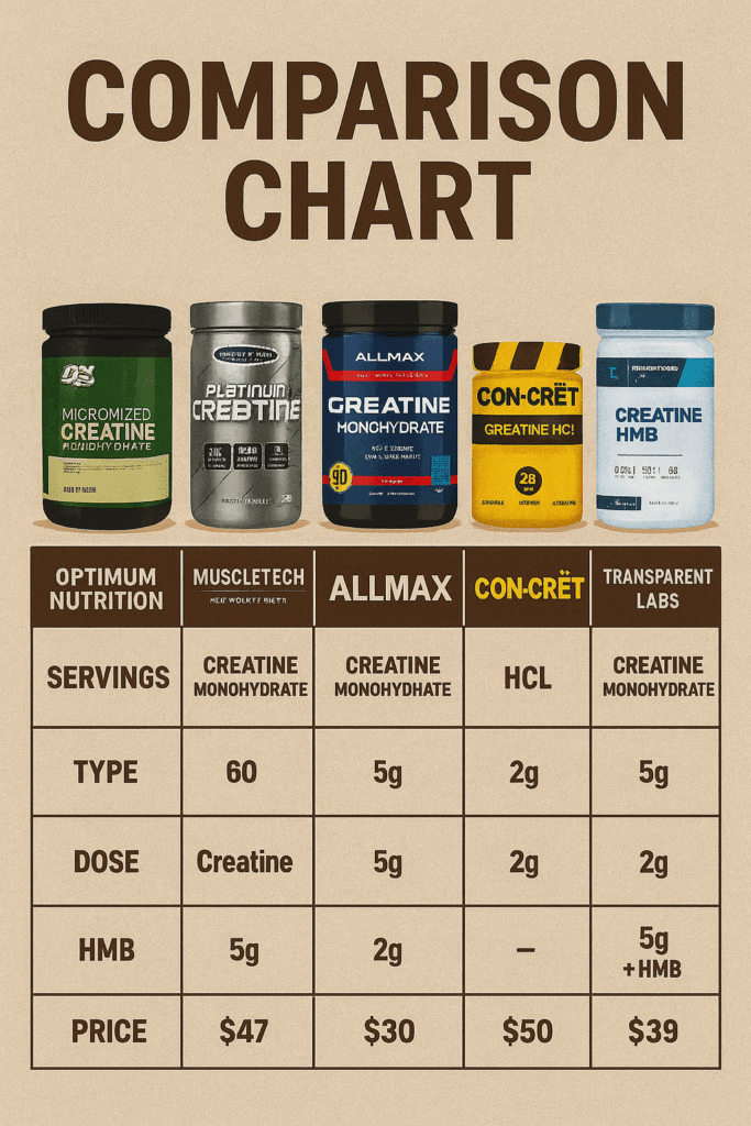 Side-by-side comparison chart of all five creatin supplements: Optimum Nutrition Micronized Creatine Monohydrate, MuscleTech Platinum 100% Creatine, Allmax Creatine Monohydrate, CON-CRET Creatine HCl, Transparent Labs Creatine HMB
