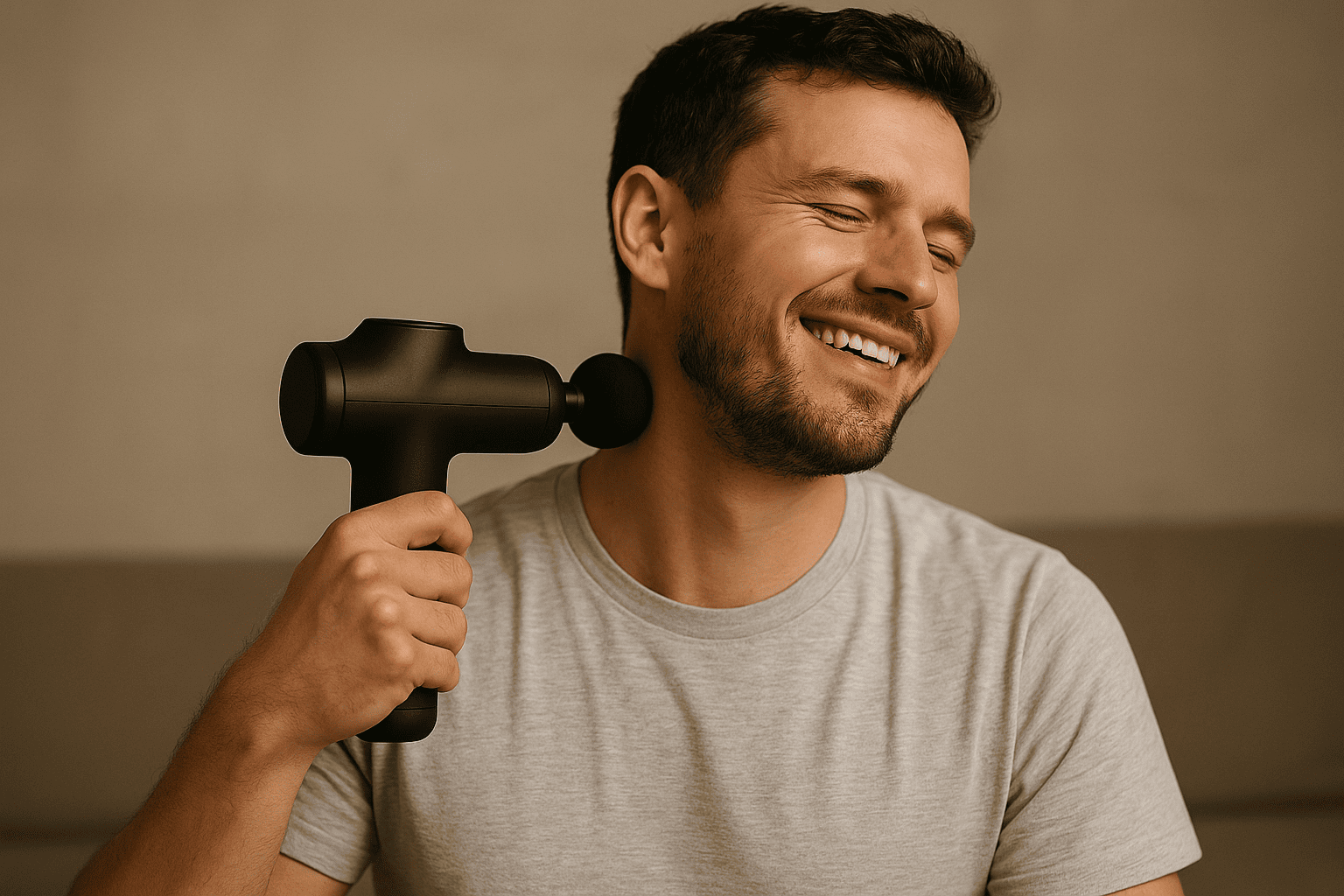 Someone blissfully using a massage gun, looking relieved but slightly amused