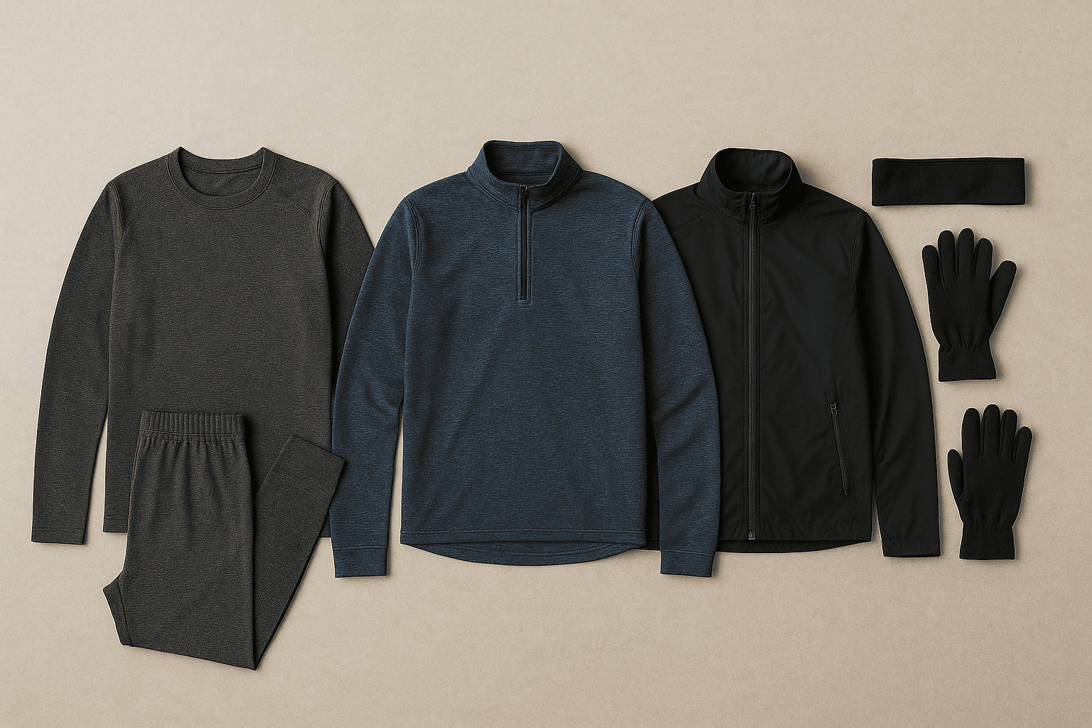 Flat-lay of base/mid/shell + gloves/headband