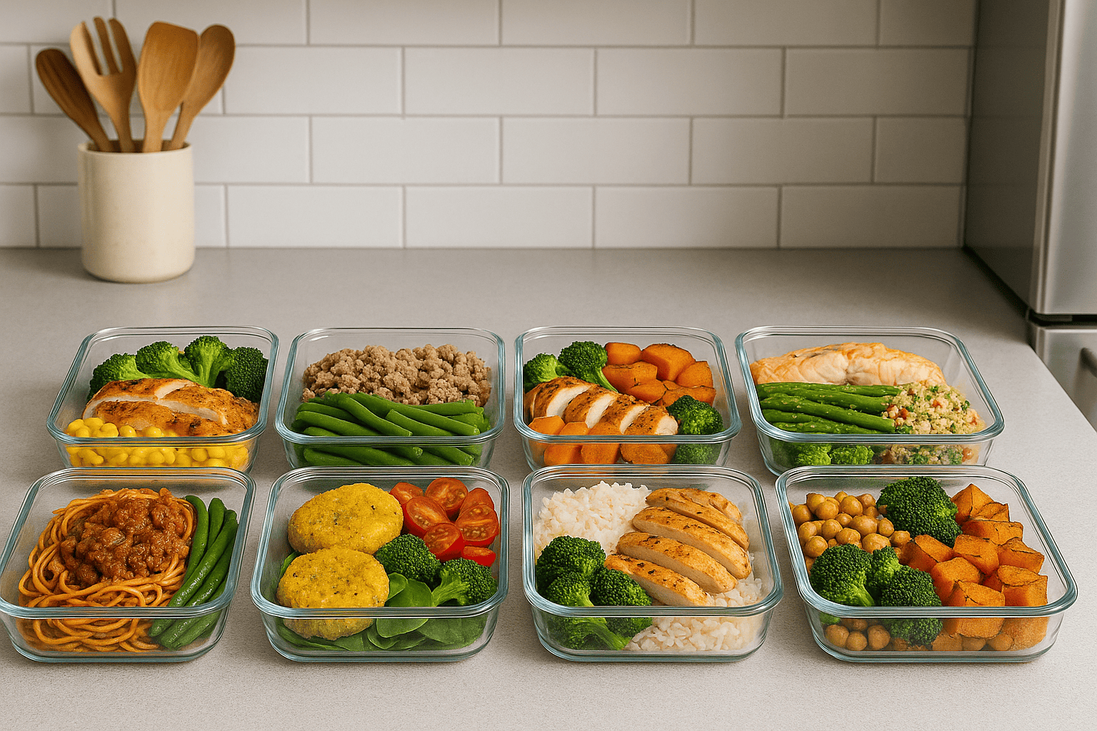 A clean, organized kitchen counter with colorful prepped meals in containers