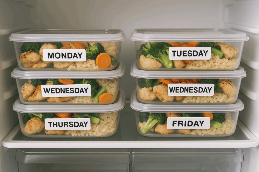 Overhead shot of labeled meal containers stacked in a fridge