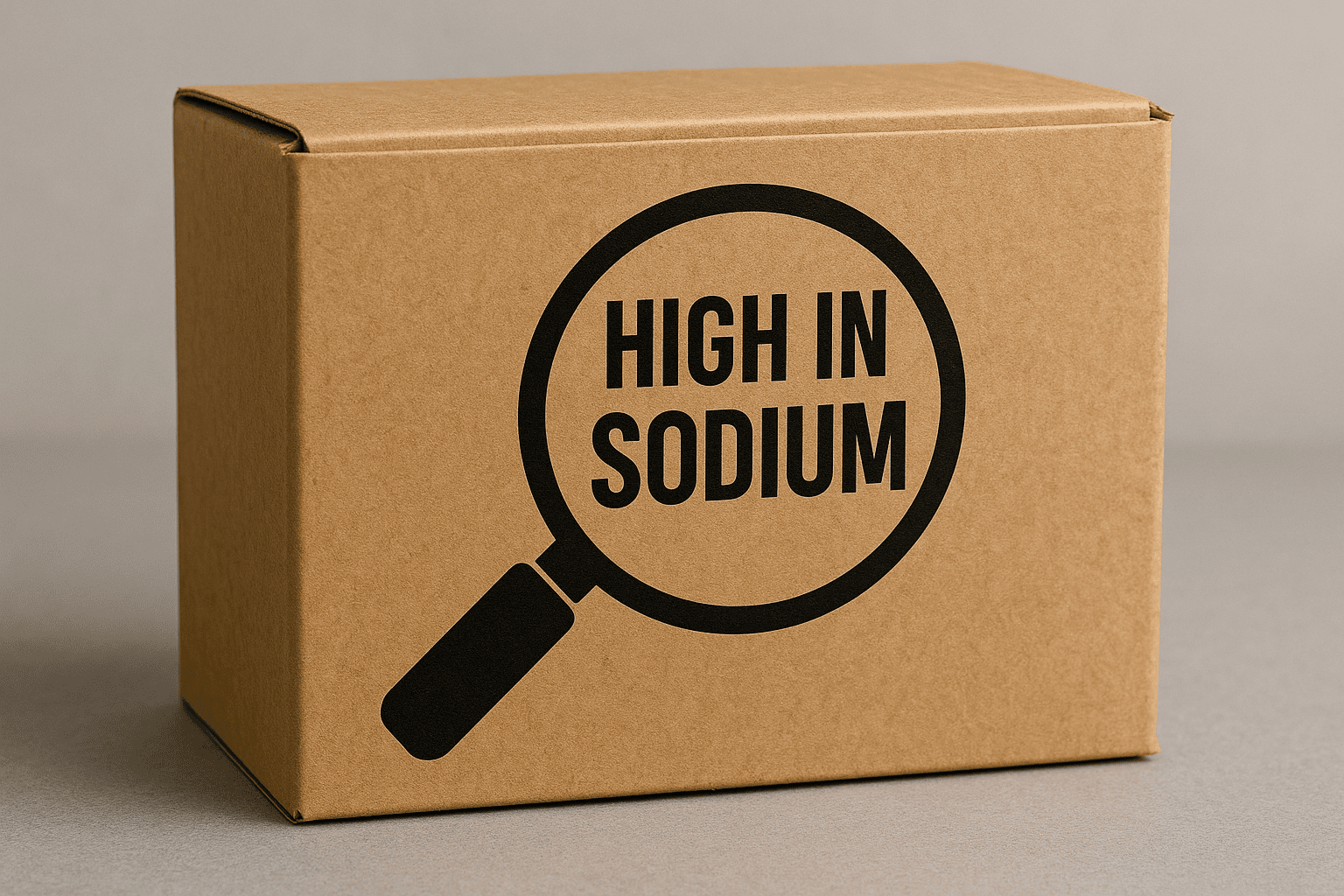 Mockup of a box with the magnifying-glass symbol labeled “High in Sodium”